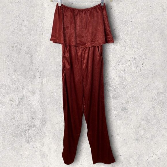 NWT Emory Park Burnt Rust Ruffle Strapless Jumpsuit Satin Red Brown Size Medium - Picture 13 of 13
